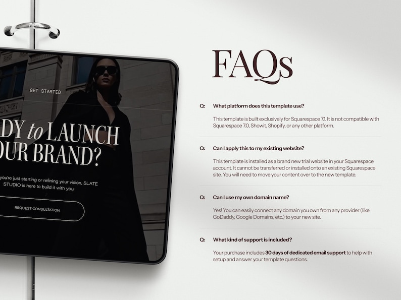 May include: A digital tablet displays a website interface with the text "READY TO LAUNCH YOUR BRAND?" and "REQUEST CONSULTATION." The image also includes a FAQ section with questions about the template's platform, website application, domain name usage, and support.