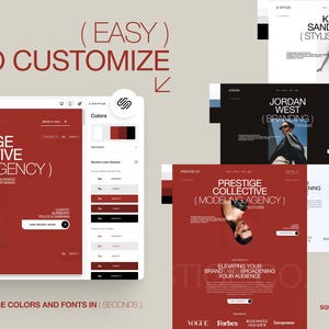 May include: A digital website template interface featuring a red and white color scheme with the text PRESTIGE COLLECTIVE MODELING AGENCY. The layout includes a color customization panel, typography settings, and preview windows for various brand designs.