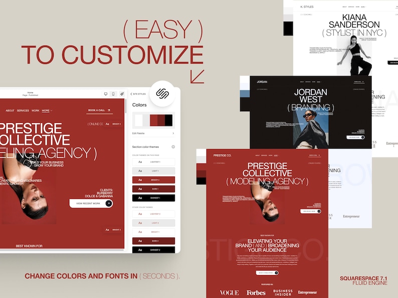 May include: A digital website template interface featuring a red and white color scheme with the text PRESTIGE COLLECTIVE MODELING AGENCY. The layout includes a color customization panel, typography settings, and preview windows for various brand designs.