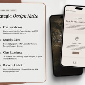 Puede incluir: Un cuaderno abierto con el texto Stategic Design Suite y una lista de dise&ntilde;os de p&aacute;gina, junto a dos tel&eacute;fonos inteligentes que muestran una interfaz web para Kindred Wellness con secciones para Areas of Focus y Trauma & EMDR therapy services.