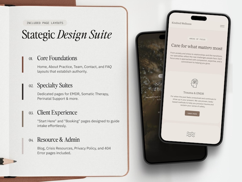 Puede incluir: Un cuaderno abierto con el texto Stategic Design Suite y una lista de dise&ntilde;os de p&aacute;gina, junto a dos tel&eacute;fonos inteligentes que muestran una interfaz web para Kindred Wellness con secciones para Areas of Focus y Trauma & EMDR therapy services.