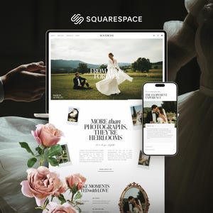 Puede incluir: Un port&aacute;til y un smartphone que muestran un sitio web de bodas con el logotipo de Squarespace. El sitio web presenta im&aacute;genes de una pareja, el texto "FROM FOREVER" y "MORE THAN PHOTOGRAPHS, THEY'RE HEIRLOOMS", y rosas rosas.