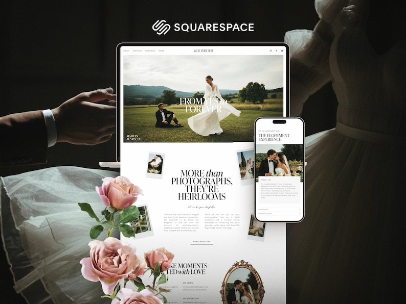 Puede incluir: Un port&aacute;til y un smartphone que muestran un sitio web de bodas con el logotipo de Squarespace. El sitio web presenta im&aacute;genes de una pareja, el texto "FROM FOREVER" y "MORE THAN PHOTOGRAPHS, THEY'RE HEIRLOOMS", y rosas rosas.