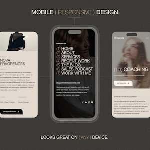 May include: Three mobile phone screens displaying responsive web designs. The left screen shows Nova Fragrances project details. The center screen features a navigation menu with links to Home, About, Services, Recent Work, The Blog, Sales Podcast, and Work With Me. The right screen displays Rowan 1:1 Coaching information.