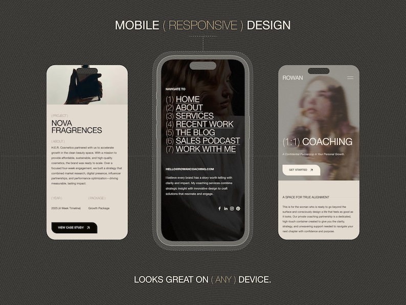 May include: Three mobile phone screens displaying responsive web designs. The left screen shows Nova Fragrances project details. The center screen features a navigation menu with links to Home, About, Services, Recent Work, The Blog, Sales Podcast, and Work With Me. The right screen displays Rowan 1:1 Coaching information.