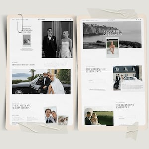 Puede incluir: Dos pantallas digitales con tem&aacute;tica de boda. Las pantallas muestran im&aacute;genes de parejas, texto y gr&aacute;ficos. El texto incluye "Wedding Photography Coaching", "Signature Experiences" y "The Wedding Day Celebration". Las pantallas est&aacute;n pegadas.