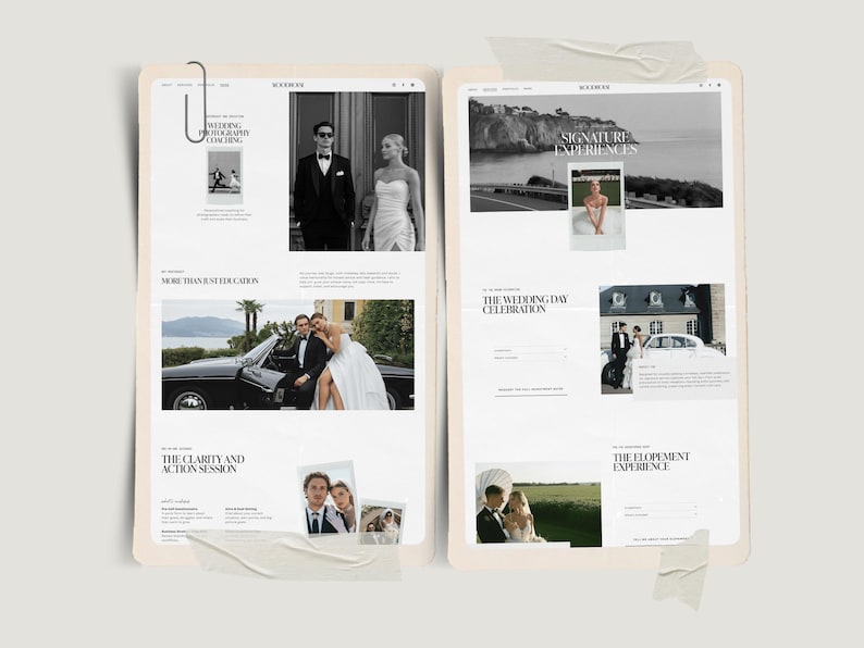 Puede incluir: Dos pantallas digitales con tem&aacute;tica de boda. Las pantallas muestran im&aacute;genes de parejas, texto y gr&aacute;ficos. El texto incluye "Wedding Photography Coaching", "Signature Experiences" y "The Wedding Day Celebration". Las pantallas est&aacute;n pegadas.
