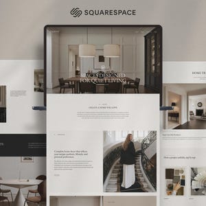 Könnte beinhalten: Ein Laptop-Bildschirm zeigt eine Squarespace-Website-Vorlage für ein Interior-Design-Portfolio. Das Layout zeichnet sich durch eine neutrale Farbpalette, Serifenschrift und mehrere Bereiche mit hochwertigen Fotos von Inneneinrichtungen aus.