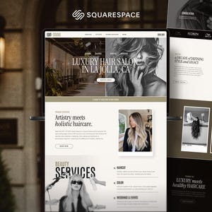 May include: A website design for a luxury hair salon, featuring a sleek, modern aesthetic. The site showcases images of hairstyles, salon services, and the salon's location in La Jolla, CA. The Squarespace logo is visible.