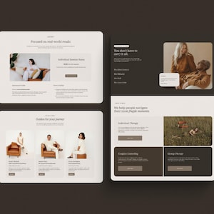 Puede incluir: Un dise&ntilde;o de sitio web con una paleta de colores neutros en crema y marr&oacute;n oscuro. La interfaz muestra secciones tituladas Focused on real-world results, Guides for your journey y We help people navigate their most fragile moments.
