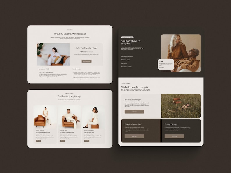 Puede incluir: Un dise&ntilde;o de sitio web con una paleta de colores neutros en crema y marr&oacute;n oscuro. La interfaz muestra secciones tituladas Focused on real-world results, Guides for your journey y We help people navigate their most fragile moments.