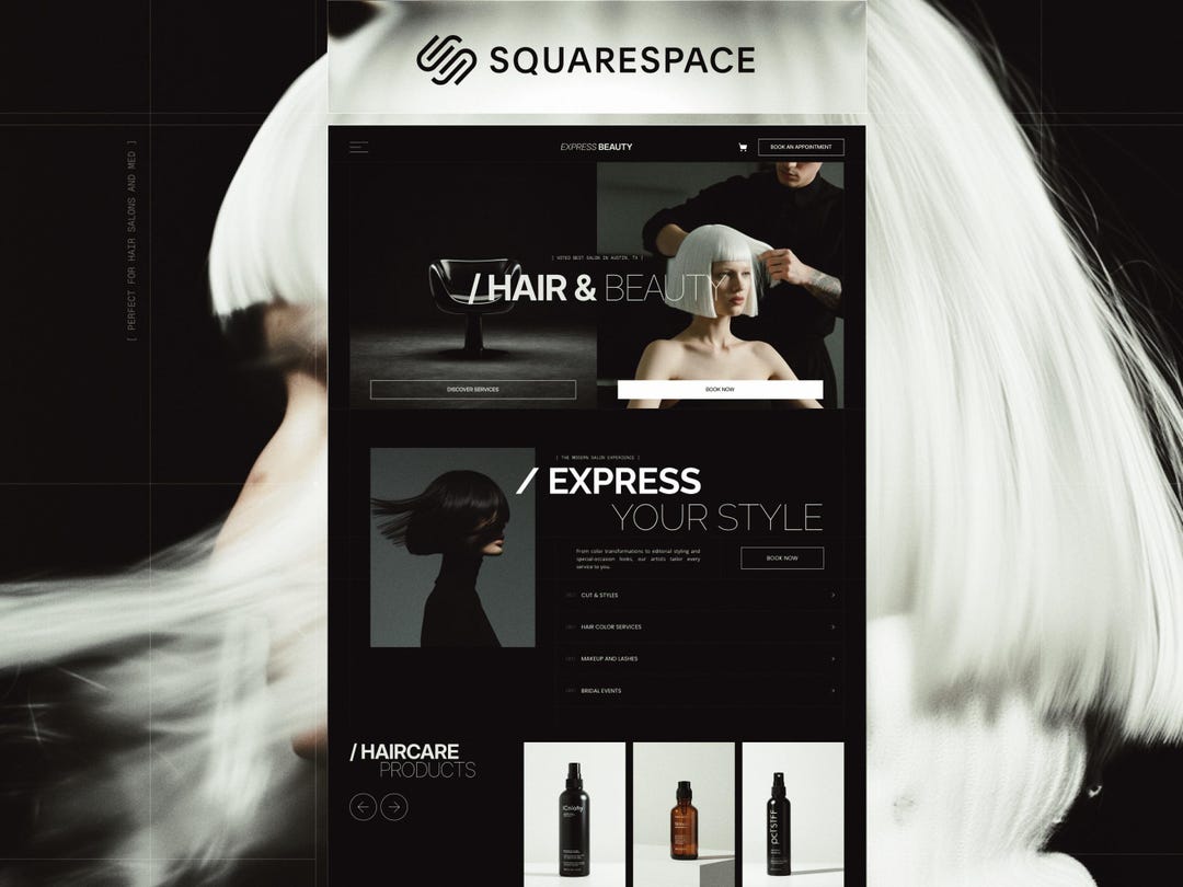 Squarespace Salon Template, Modern Hair Stylist Website, Spa & Beauty