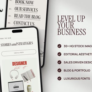 May include: A smartphone displays a website with the text "Stories and Strategies" and "Designer Starter Kit." The image also includes the text "Level Up Your Business" and bullet points highlighting stock images, design, and fonts. A notebook is visible.
