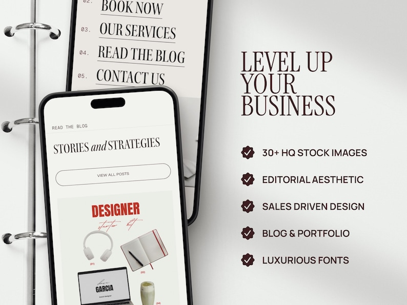 May include: A smartphone displays a website with the text "Stories and Strategies" and "Designer Starter Kit." The image also includes the text "Level Up Your Business" and bullet points highlighting stock images, design, and fonts. A notebook is visible.