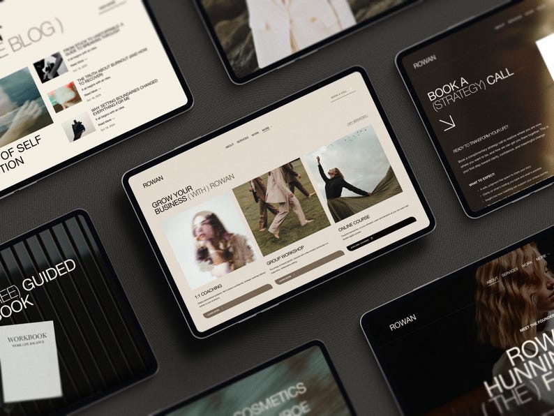May include: Multiple tablet screens displaying a website interface with the text ROWAN, GROW YOUR BUSINESS (WITH) ROWAN, 1:1 COACHING, GROUP WORKSHOP, and ONLINE COURSE. The screens feature various layouts with beige and dark backgrounds, photography, and navigation menus.