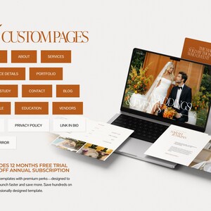 May include: A laptop displays a wedding website design with a bride and groom. The image includes a menu of 15 custom pages, including Home, About, and Services. Additional pages are visible, along with the text "Includes 12 Months Free Trial + 25% Off Annual Subscription."