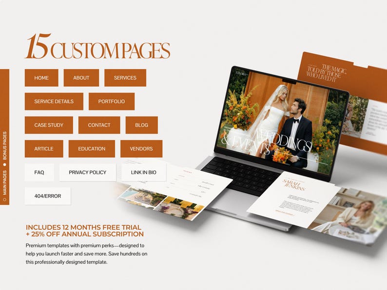 May include: A laptop displays a wedding website design with a bride and groom. The image includes a menu of 15 custom pages, including Home, About, and Services. Additional pages are visible, along with the text "Includes 12 Months Free Trial + 25% Off Annual Subscription."