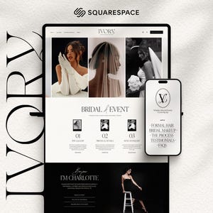 May include: A website layout displayed on a computer monitor and a smartphone screen. The design features the text IVORY, BRIDAL & EVENT, and I'M CHARLOTTE. The interface includes black and white photography of a person in bridal attire.