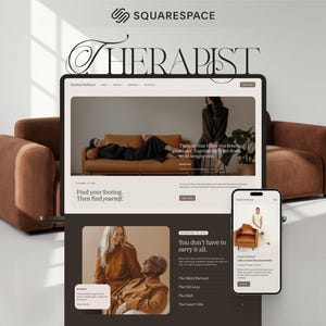 Puede incluir: Una visualizaci&oacute;n digital de una plantilla de sitio web de Squarespace titulada THERAPIST, que incluye un monitor de escritorio y un tel&eacute;fono inteligente. La interfaz muestra im&aacute;genes en tonos marrones, texto de bienestar y men&uacute;s.