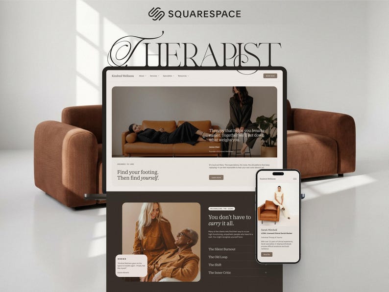 Puede incluir: Una visualizaci&oacute;n digital de una plantilla de sitio web de Squarespace titulada THERAPIST, que incluye un monitor de escritorio y un tel&eacute;fono inteligente. La interfaz muestra im&aacute;genes en tonos marrones, texto de bienestar y men&uacute;s.