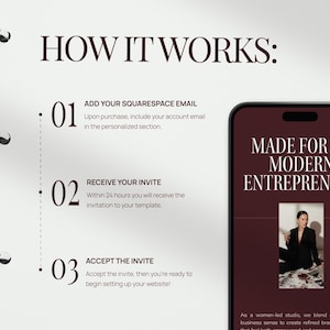 May include: Image showing a step-by-step guide on how to use a Squarespace template. The text reads "HOW IT WORKS" with three numbered steps. A smartphone displays "MADE FOR THE MODERN ENTREPRENEUR". The background is white with a binder spine.