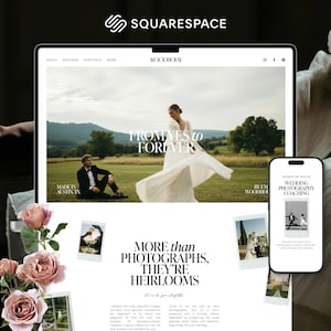 Könnte beinhalten: Webdesign für ein Hochzeitsfotografie-Unternehmen, angezeigt auf einem Laptop und Smartphone. Der Laptop-Bildschirm zeigt ein Paar auf einer Wiese mit dem Text "FROM YES TO FOREVER". Das Smartphone zeigt "WEDDING PHOTOGRAPHY COACHING".