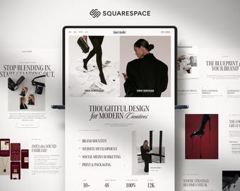 Peut inclure: Un affichage numérique d'une mise en page de site web intitulée Slate Studio, présentant un fond blanc épuré avec une typographie noire. Le design inclut des sections pour l'identité de marque, le développement web, le marketing et le packaging.