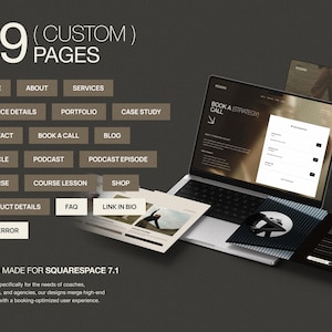 May include: A digital website template kit for Squarespace 7.1 featuring 19 custom pages including Home, About, Services, Portfolio, Case Study, Contact, Book a Call, Blog, Article, Podcast, Course, Shop, Product Details, FAQ, Link in Bio, and 404/Error.
