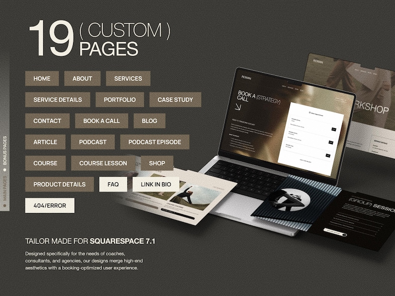 May include: A digital website template kit for Squarespace 7.1 featuring 19 custom pages including Home, About, Services, Portfolio, Case Study, Contact, Book a Call, Blog, Article, Podcast, Course, Shop, Product Details, FAQ, Link in Bio, and 404/Error.