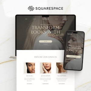May include: A website design displayed on a laptop and smartphone, showcasing a medical spa and skincare brand. The website features the text "TRANSFORM LOOKS WITH Nova Cosmetic" and offers services like Botox, Juvederm, and Sculptra. The Squarespace logo is visible.