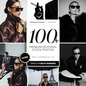 Può includere: Un collage di fotografie in bianco e nero e a colori con donne in abiti e accessori eleganti. Le immagini includono una donna con occhiali da sole e giacca di pelle, con il testo "100+ PREMIUM EDITORIAL STOCK PHOTOS".