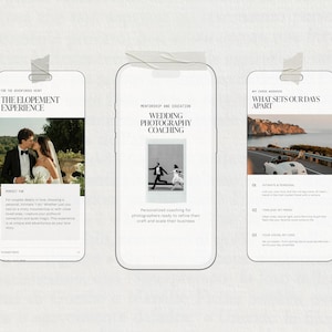 Puede incluir: Tres pantallas de tel&eacute;fonos inteligentes pegadas con cinta adhesiva a una superficie blanca. Las pantallas muestran informaci&oacute;n sobre fotograf&iacute;a de bodas, incluidas experiencias de fuga, coaching y qu&eacute; distingue los d&iacute;as. Cada pantalla tiene un dise&ntilde;o diferente.