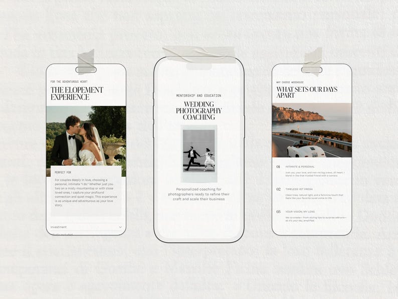 Puede incluir: Tres pantallas de tel&eacute;fonos inteligentes pegadas con cinta adhesiva a una superficie blanca. Las pantallas muestran informaci&oacute;n sobre fotograf&iacute;a de bodas, incluidas experiencias de fuga, coaching y qu&eacute; distingue los d&iacute;as. Cada pantalla tiene un dise&ntilde;o diferente.