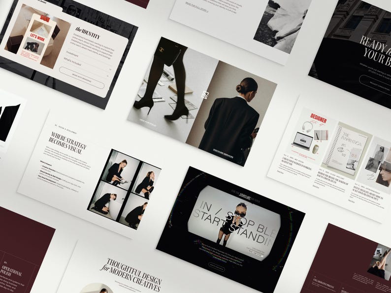 May include: An overhead shot of various design and marketing materials, including brochures and flyers. The materials feature images of people, text, and graphics. The color scheme is primarily black, white, and burgundy. Some text is visible, including "the IDENTITY" and "IN / STOP BLE START STANDING".