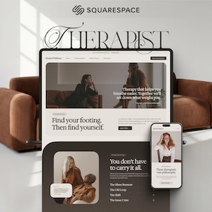 Puede incluir: Una pantalla digital de un sitio web titulado Kindred Wellness en un monitor grande y un teléfono inteligente. El sitio web incluye texto como Find your footing. Then find yourself. y You don't have to carry it all. con la marca Squarespace.
