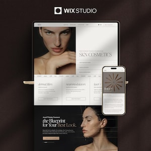 May include: A digital mockup displaying a website design for SKN Cosmetics on a laptop and smartphone. The website highlights dermal fillers, neuromodulators, and laser treatments, with images of a woman. The Wix Studio logo is present.
