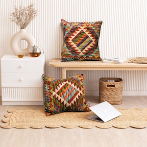 Set of 2 Vintage Kilim Pillow, Throw Pillow, Handwoven Afghan Jute Cushion Cover, Traditional Home Decor, Jute Pillow, Gift for Her