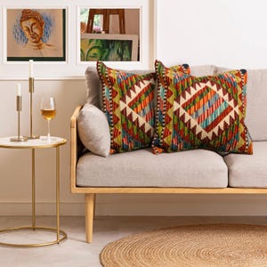 Set of 2 Vintage Kilim Pillow, Throw Pillow, Handwoven Afghan Jute Cushion Cover, Traditional Home Decor, Jute Pillow, Gift for Her