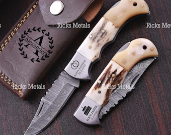 Hand Forged Damascus Steel Stag Horn Folding Knife Engraved Anniversary Birthday Gift For Husband Boyfriend Men Damascus Pocket Knives Gifts