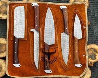 Handmade Damascus Steel Chef Knife Set, Rosewood Handle, Leather Bag