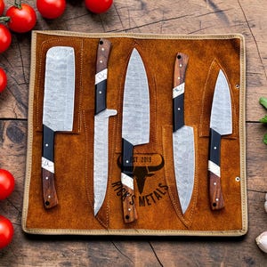 Unique Handmade Damascus Steel Chef Knives Set, Damascus chef knife, 5PCs set, Damascus kitchen knives Set, USA KNIVES BEST Gift for Him/Her Black & White Spacer