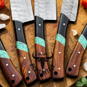 Unique Handmade Damascus Steel Chef Knives Set, Damascus chef knife, 5PCs set, Damascus kitchen knives Set, USA KNIVES BEST Gift for Him/Her image 5