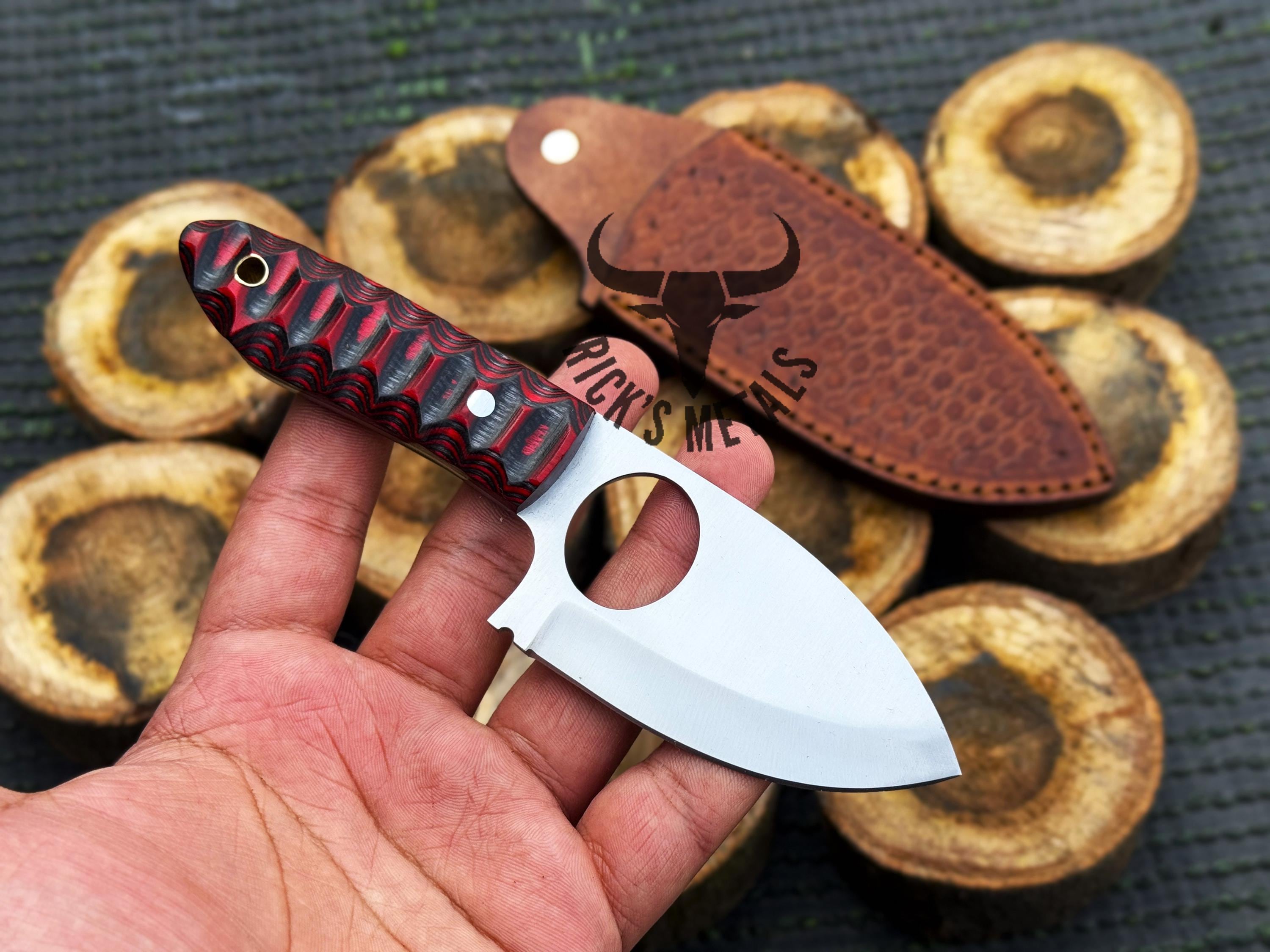 D2 Steel Handmade Finger Hole Skinner Camping Knife, Hunting Knife, Easy To Carry Hand Forged Knife with Sheath, Valentines Gift for Him|Her
