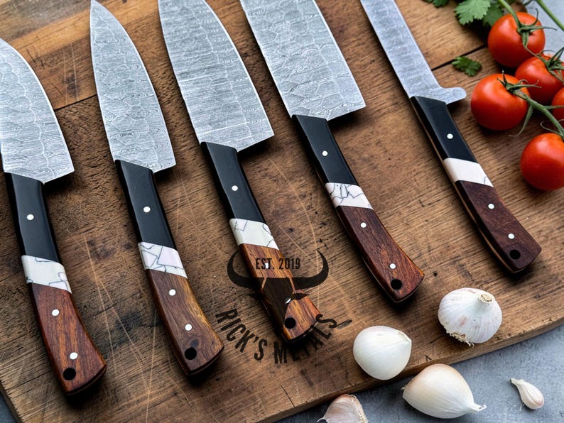 Unique Handmade Damascus Steel Chef Knives Set, Damascus chef knife, 5PCs set, Damascus kitchen knives Set, USA KNIVES BEST Gift for Him/Her image 8