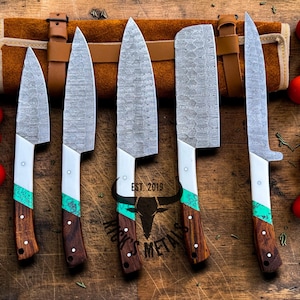 Unique Handmade Damascus Steel Chef Knives Set, Damascus chef knife, 5PCs set, Damascus kitchen knives Set, USA KNIVES BEST Gift for Him/Her image 10
