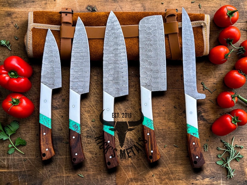 Unique Handmade Damascus Steel Chef Knives Set, Damascus chef knife, 5PCs set, Damascus kitchen knives Set, USA KNIVES BEST Gift for Him/Her image 10