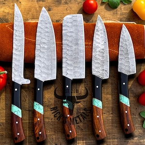 Unique Handmade Damascus Steel Chef Knives Set, Damascus chef knife, 5PCs set, Damascus kitchen knives Set, USA KNIVES BEST Gift for Him/Her image 4