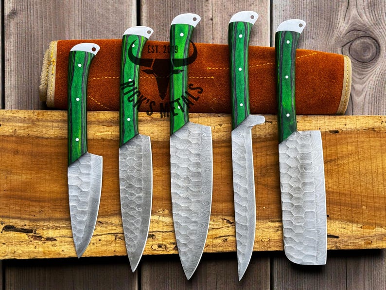Unique Handmade Damascus Steel Chef Knives Set, Damascus chef knife, 5PCs set, Damascus kitchen knives Set, USA KNIVES BEST Gift for Him/Her image 16