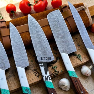 Unique Handmade Damascus Steel Chef Knives Set, Damascus chef knife, 5PCs set, Damascus kitchen knives Set, USA KNIVES BEST Gift for Him/Her image 11