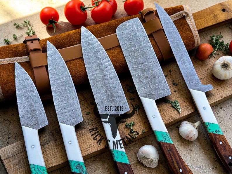 Unique Handmade Damascus Steel Chef Knives Set, Damascus chef knife, 5PCs set, Damascus kitchen knives Set, USA KNIVES BEST Gift for Him/Her image 11